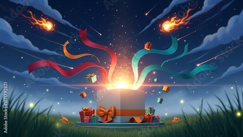 Magical glowing gift box opens, revealing presents and colorful ribbons under a starry night sky with meteors, clouds, and twinkling grass.