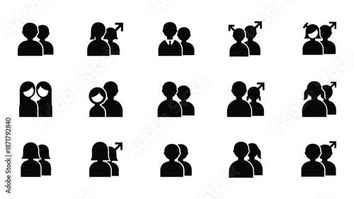 Black silhouettes depicting various arrangements of people including couples and groups