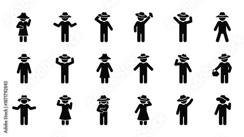 A collection of black silhouette icons depicting people wearing hats