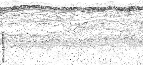 Abstract of geological layers with varied textures and wavy lines representing sediment and rock formations in a cross-section view with granular