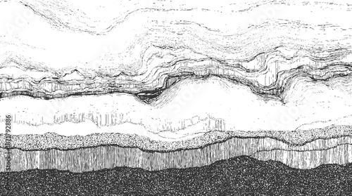 Intricate cross-section of geological strata with wavy, layered formations and a dark, textured base