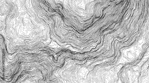 Detailed topographical map using dense contour lines to represent steep mountain slopes and valleys creating a complex and textured abstract background