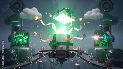 Step into a fantastical gift factory where a radiant present opens with green light, accompanied by ribbons