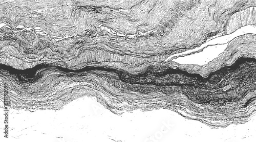 Intricate hand-drawn contour lines depicting a rugged mountainous landscape or geological cross-section with deep ravines and flowing lines creating a sense of depth and movement