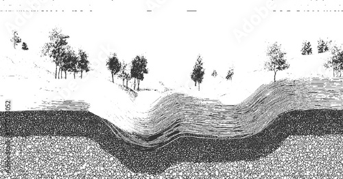 Detailed monochrome of a cross-section revealing geological layers beneath a landscape with trees and rolling hills, showcasing natural formations and subsurface structure