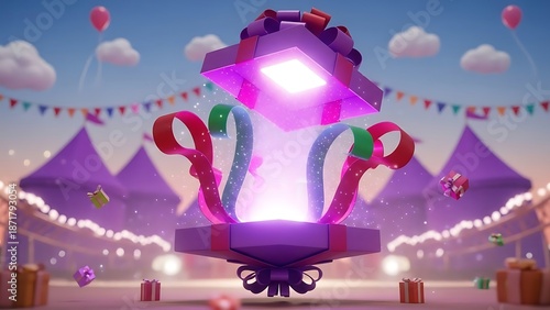 A magical open gift box glowing with light, colorful ribbons, and sparkles at a festive carnival. Perfect for birthdays, holidays, or surprise events. Whimsical 3D rendering.