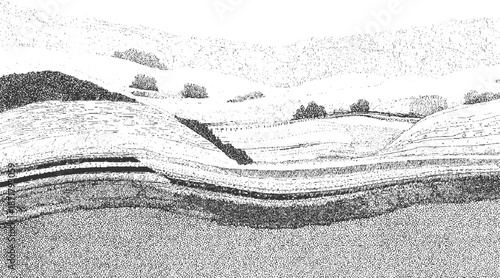 Stylized landscape depicting rolling hills and geological layers with a textured foreground and distant mountains