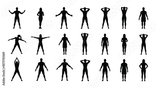 Silhouettes of people in various dynamic poses demonstrating movement and action