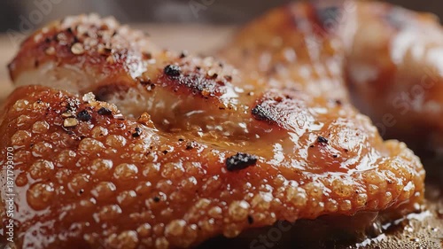 A delectable closeup shot of perfectly roasted crispy pork belly skin showcasing its goldenbrown bubbly and crunchy texture seasoned with savory spices ready to be enjoyed as a gourmet culinary delig.