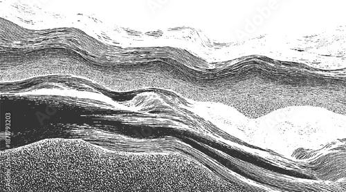 Abstract monochrome landscape rendered in a detailed line style with undulating hills and textured surfaces creating a sense of depth and movement