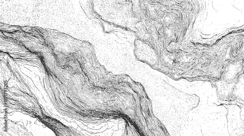 Complex monochrome abstract showcasing topographical contours and geological strata with intricate linework and granular textures suggesting terrain