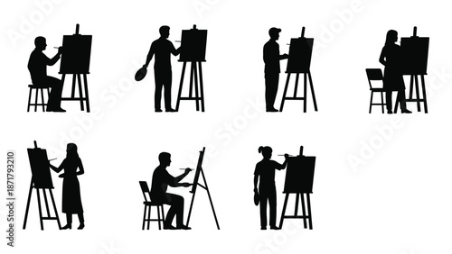 Silhouettes of artists painting at easels in various positions and arrangements