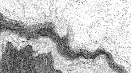 Topographical map rendered in monochrome with detailed contour lines illustrating a mountainous terrain with valleys and ridges, showcasing elevation and geological