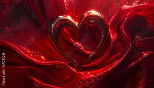 DESIGN of abstract luxury romance with flowing dark red textures, metallic heart highlights, premium Valentine art style, cinematic glow, HD clarity