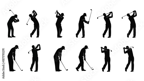 Silhouettes of golfers demonstrating various stages of a golf swing in action