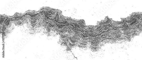 Abstract monochrome of flowing, undulating lines creating a dynamic, textured pattern resembling geological strata or topographical contours with a sense of movement and depth