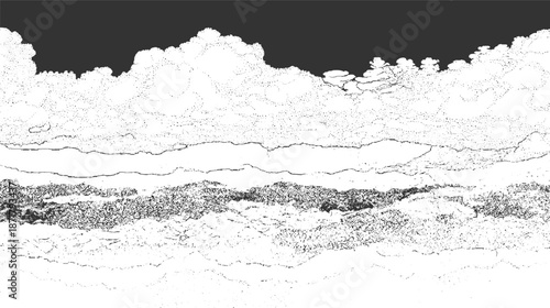 Monochrome of layered geological formations with a dark, textured sky above and detailed rock and sediment layers below, creating a dramatic and natural abstract composition