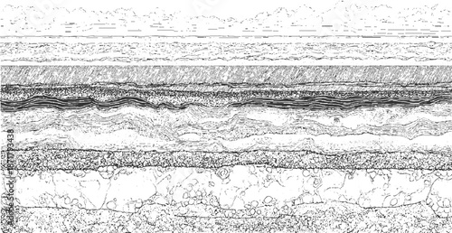 Detailed monochrome cross-section of earth layers showing varied textures from granular soil to distinct rock strata with fine linework and hatching