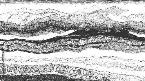 Horizontal geological cross-section with layered rock formations and intricate line creating a textured abstract landscape in monochrome