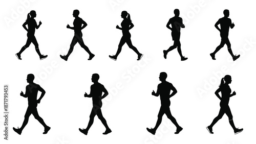 Silhouettes of people running depicting motion and athletic activity