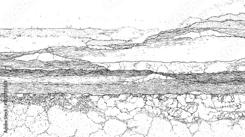 Horizontal geological strata depicting various rock and soil layers with a distant horizon and textured landscape