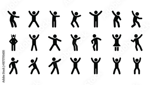 Diverse stick figures in various celebratory and active poses displayed together