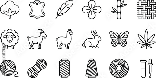 Hand drawn craft and nature icon set, animals plants materials symbols, simple outline style, handmade vector illustration collection