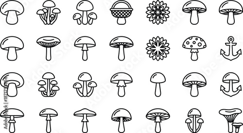 Hand drawn mushroom icon set, cute doodle fungi collection, simple outline style, nature elements, vector illustration pack