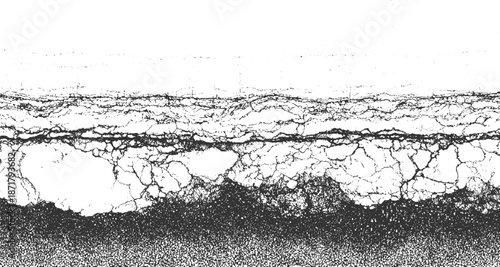 High-contrast monochrome abstract of fractured geological strata revealing a rough, granular texture and intricate crack patterns across the surface