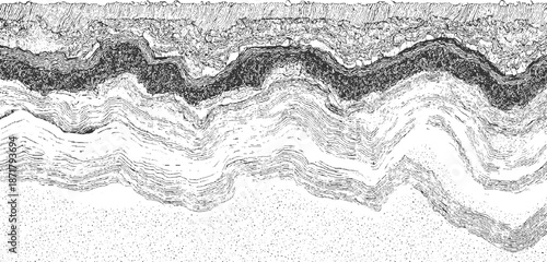 Detailed cross-section of undulating geological strata with distinct layers of sediment and rock, rendered in a classic line style, showcasing natural formations and textures