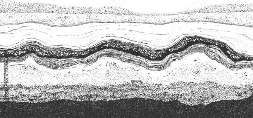 Abstract monochrome representation of layered geological formations with wavy lines, granular textures, and a dark central band creating visual depth