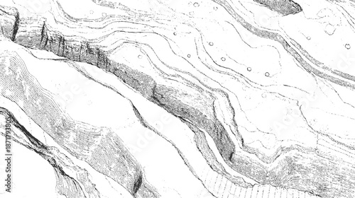 Detailed abstract geological cross-section with layered strata and contour lines showcasing earth's strata and erosion patterns for educational visuals