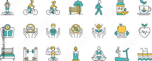 Healthy lifestyle line icons set, fitness yoga nutrition and daily habits concepts, wellness self care activities, modern vector illustration