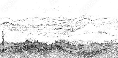 Abstract linear topographic map with layered geological strata and textured ground detail in monochrome