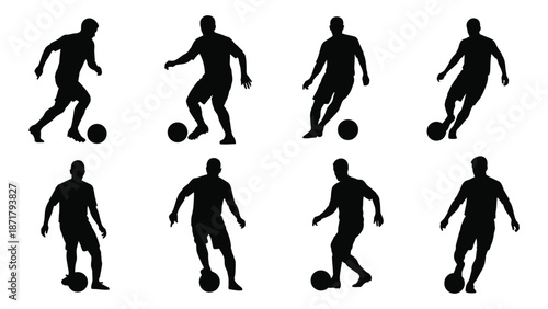 Silhouettes of soccer players in dynamic action with a soccer ball