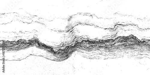 Abstract geological cross-section depicting flowing, layered rock formations with a dark central band and intricate details in a monochromatic artistic style