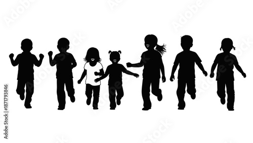 Silhouette of happy children running together, kids playing, black vector icon