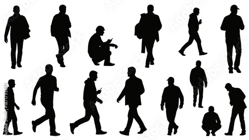 Black silhouettes of people walking, running, sitting, and standing for ui design and infographics, vector icons