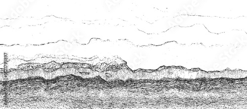 Abstract geological cross-section with undulating layers and textured bands, rendered in a monochromatic line style, suggesting natural formations and depth