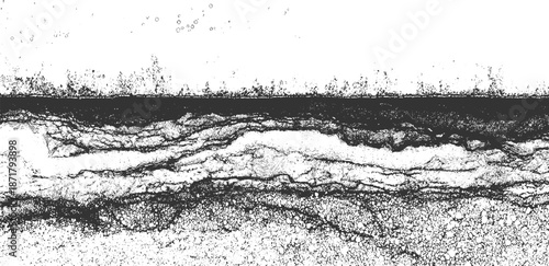 Stark monochrome abstract depicting a cross-section of layered earth with granular textures and fractured lines creating a sense of depth and decay