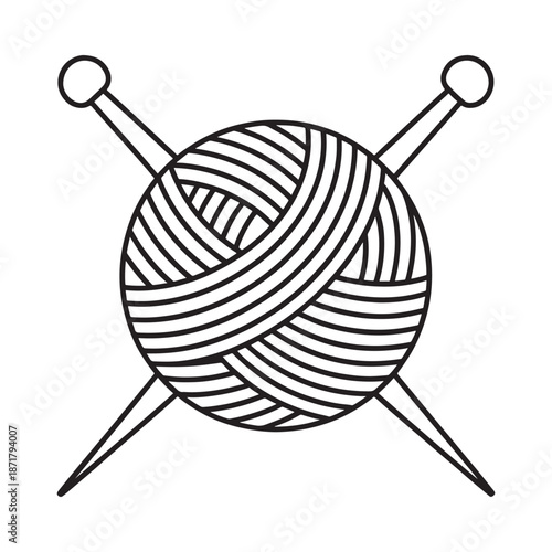 Simple black and white illustration of knitting needles and a ball of yarn