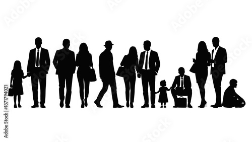Silhouette of diverse business people and family members standing together, black vector icons for teamwork and community concept