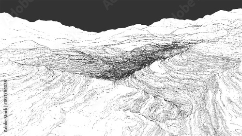 Wireframe topographic landscape rendered in monochrome with intricate contour lines depicting mountainous terrain and deep valleys showcasing a digital representation of geographical and elevation