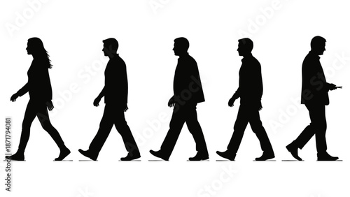 Silhouette of business people walking in line, corporate team, flat vector icon