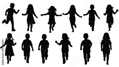 Black silhouettes of children running and playing together, vector icons for web and ui design