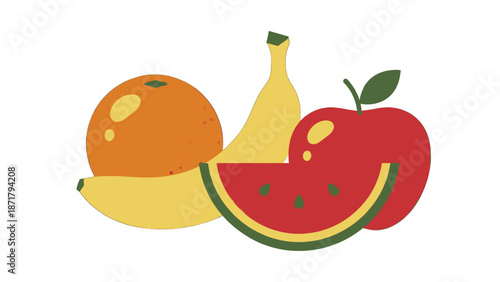 Colorful fruit icons set with apple, banana, orange, and watermelon for food and nutrition design