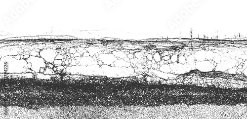 Monochrome abstract representation of cracked asphalt or dry earth surface with distinct polygonal fissures and granular texture creating a visual metaphor for decay or natural processes