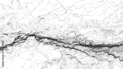 Detailed monochrome topographic map of a winding river valley with contour lines and textured terrain detail