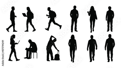 Silhouettes of people in various everyday poses and activities displayed together