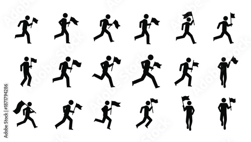 Silhouettes of people running with flags displaying various stages of motion